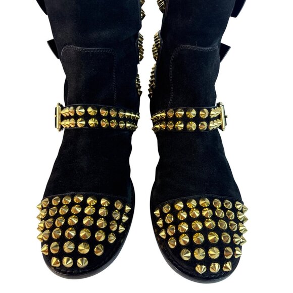 GIUSEPPE ZANOTTI BLACK SUEDE GOLD STUDDED BUCKLE BIKER Flat BOOTS SHOES SZ 40 - Picture 10 of 15